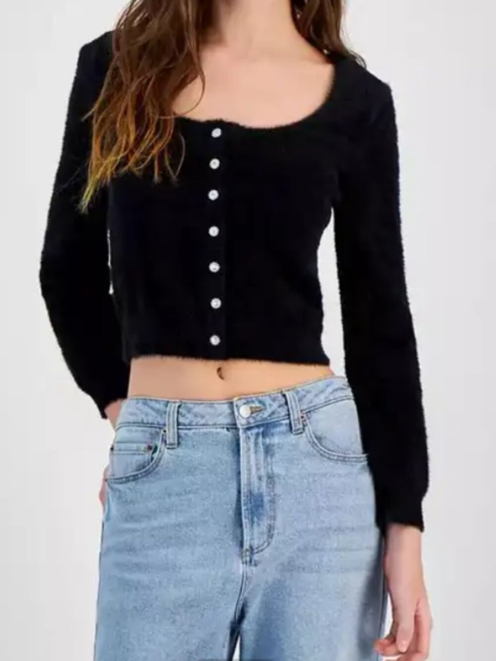 NWT Planet Heart Black Fuzzy Rhinestone Button Cardigan M